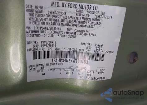 2007 Ford Focus Zx4/S/Se/Ses из США, поврежденный, VIN 1FAHP34N67W180183